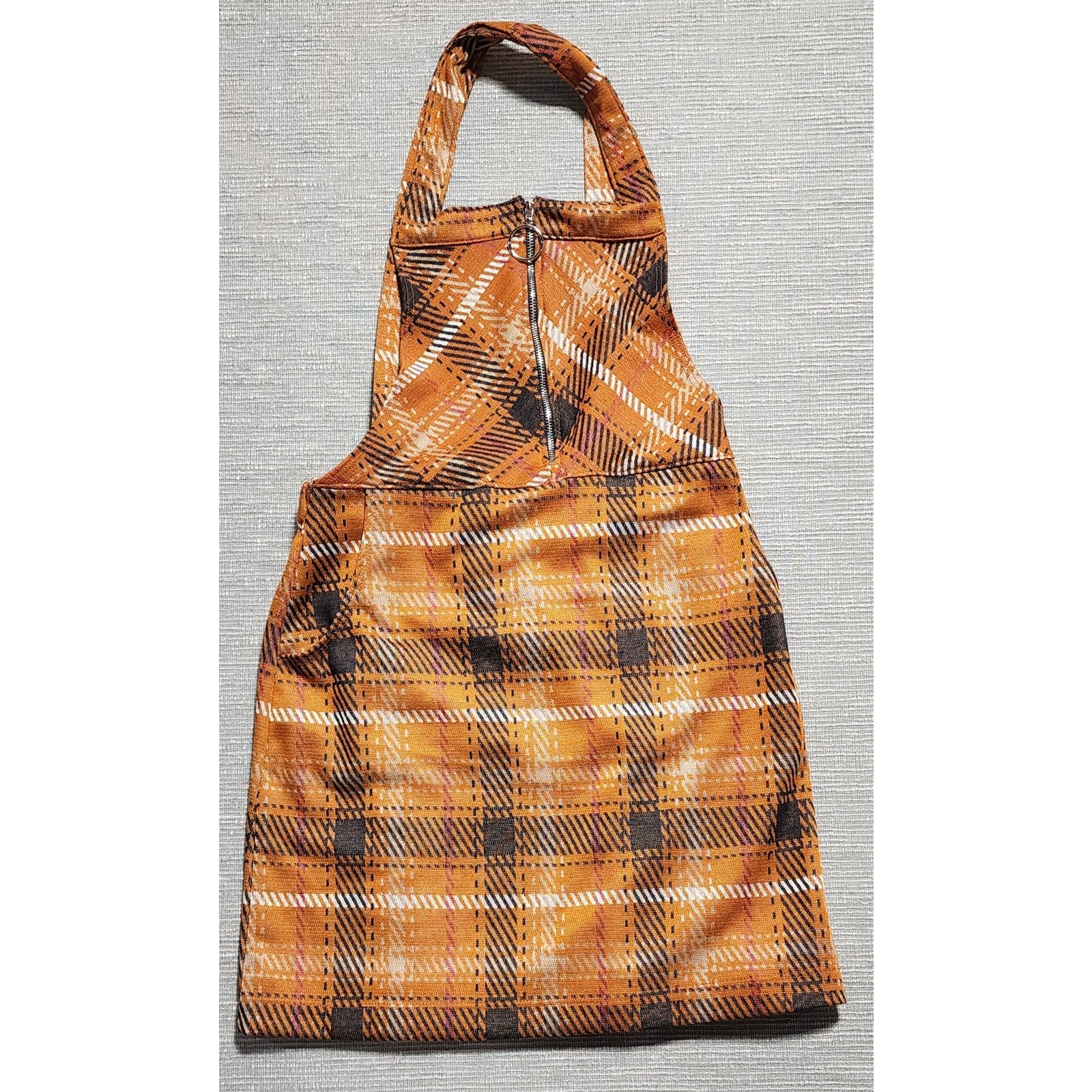 Honey & Sparkle Plaid Halter Mini Dress Women’s Medium Brown Orange