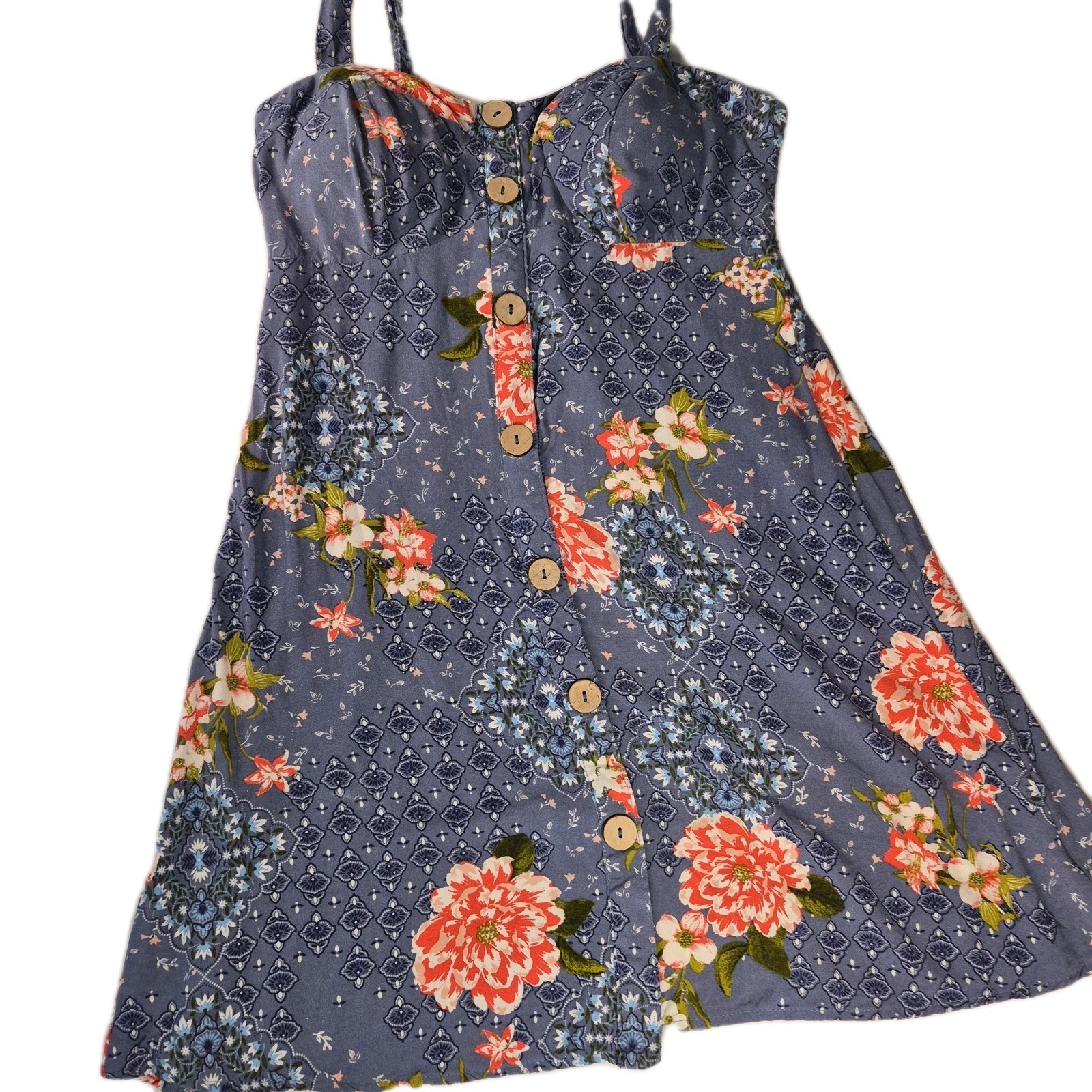 Lily Rose Womens Sz S Gray Floral Button Front Sundress Built in Bra Spag Strap