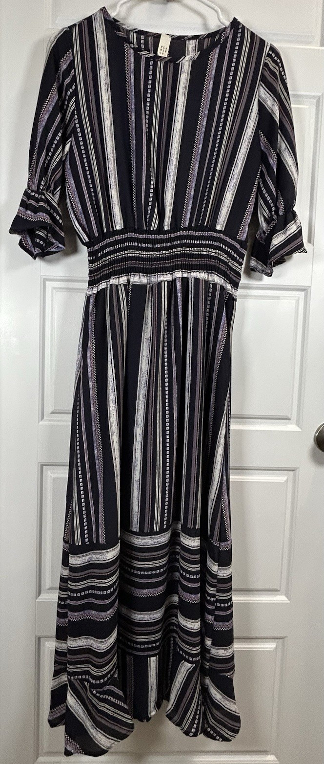 Flamingo Size S Black/White/Purple Striped V-Neck A-Line Short Sleeve Midi Dress