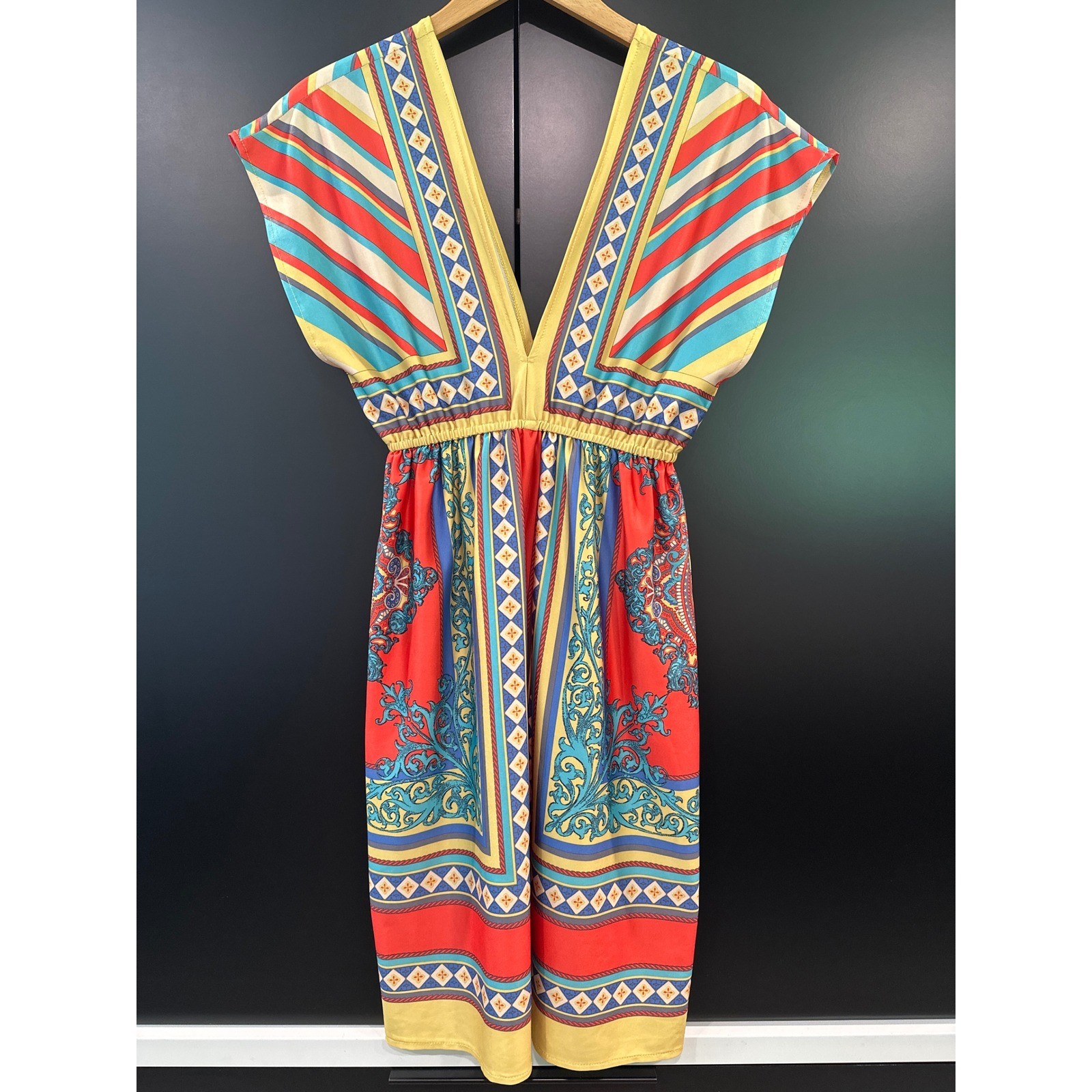 Flying Tomato Womens Boho Scarf Print V-Neck Empire Waist Midi Dress Retro Small
