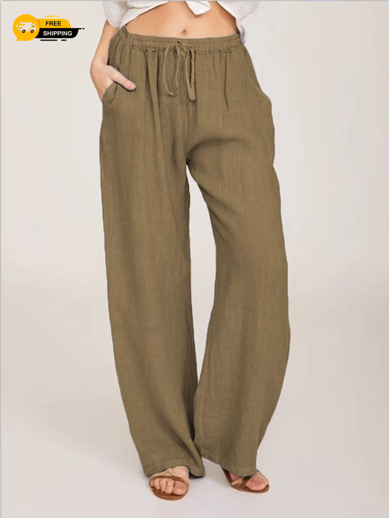 Linen Pants Summer and Autumn Solid High Waist Wide-Leg Trousers Female Loose He