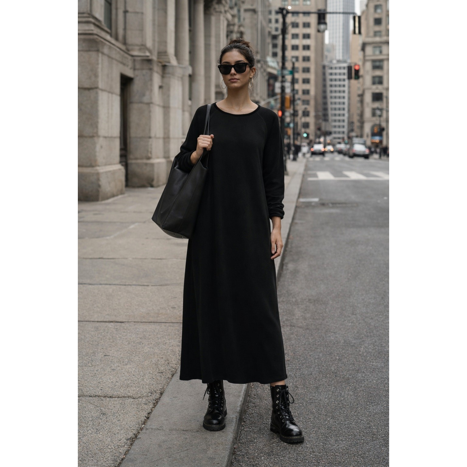 Black Minimalist Maxi Dress Soft Knit Raglan Sleeve Sweatshirt Size XL Oversized