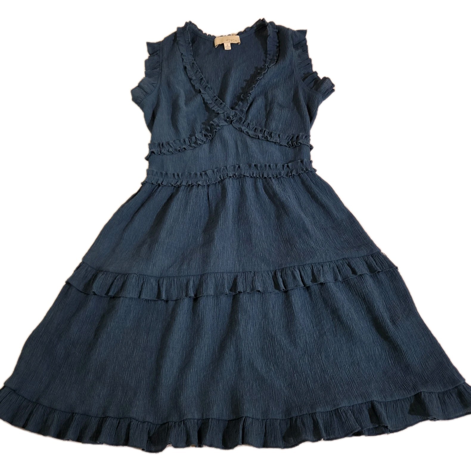 PINCH Size S Navy Blue Ruffled Sleeve Tiered Dress V Neck
