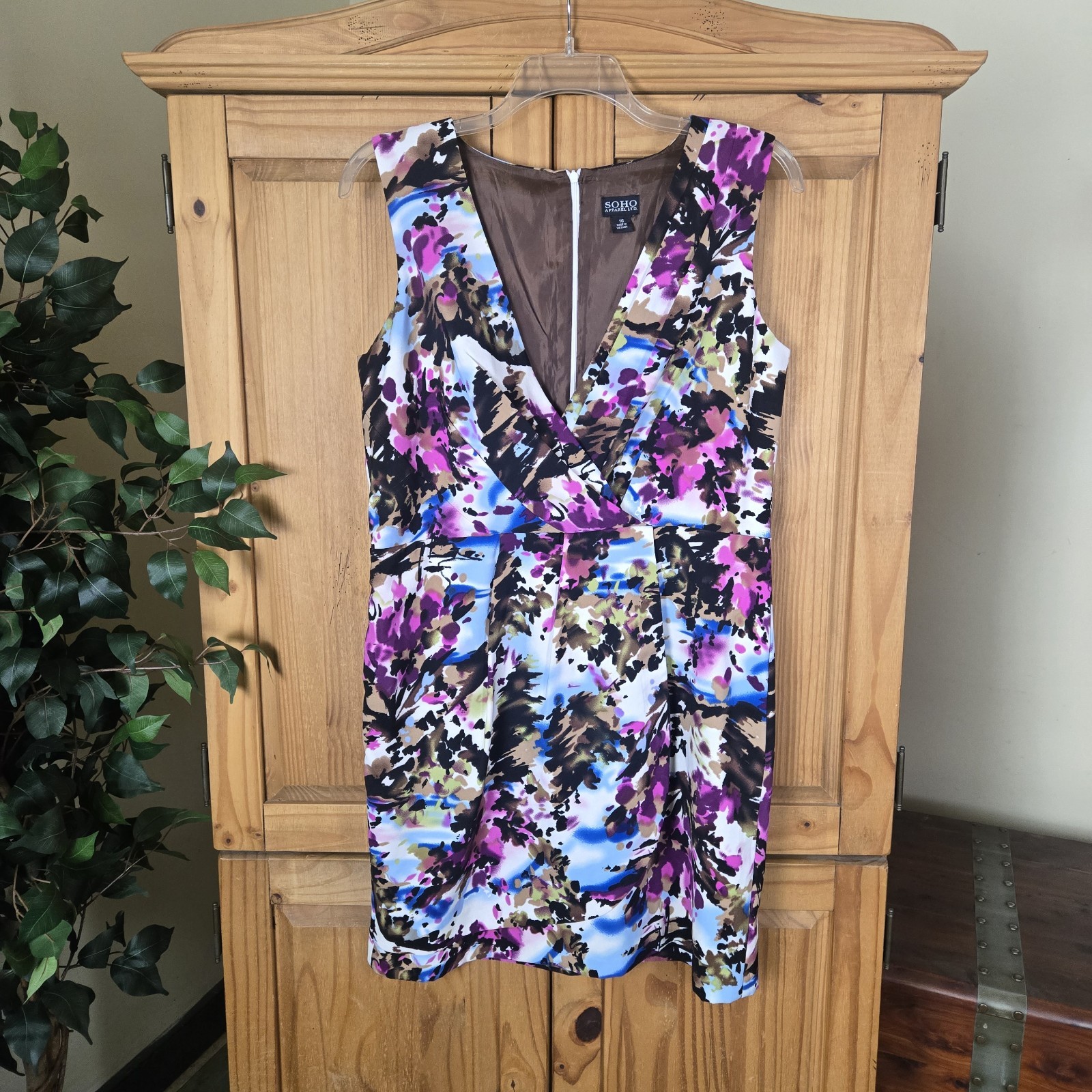 SOHO Apparel Dress 16 Womens Multicolor Abstract Faux Wrap Sleevless Lined