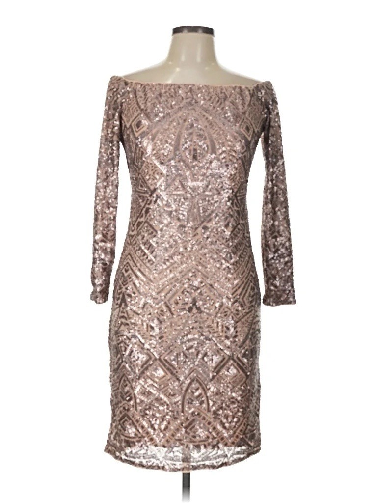 BCBGMAXAZRIA Off The Shoulder Cocktail Dress, Size L, Rose Gold Sequined
