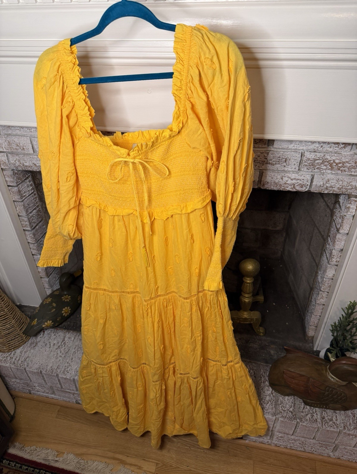 Farm Rio Yellow Pineapple Embroidered Smocked Puff Sleeve Midi Dress Size M
