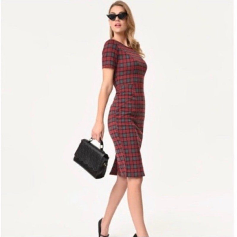 NEW Unique Vintage Size M 6 8 Plaid Sheath Dress Midi Red Black Grey