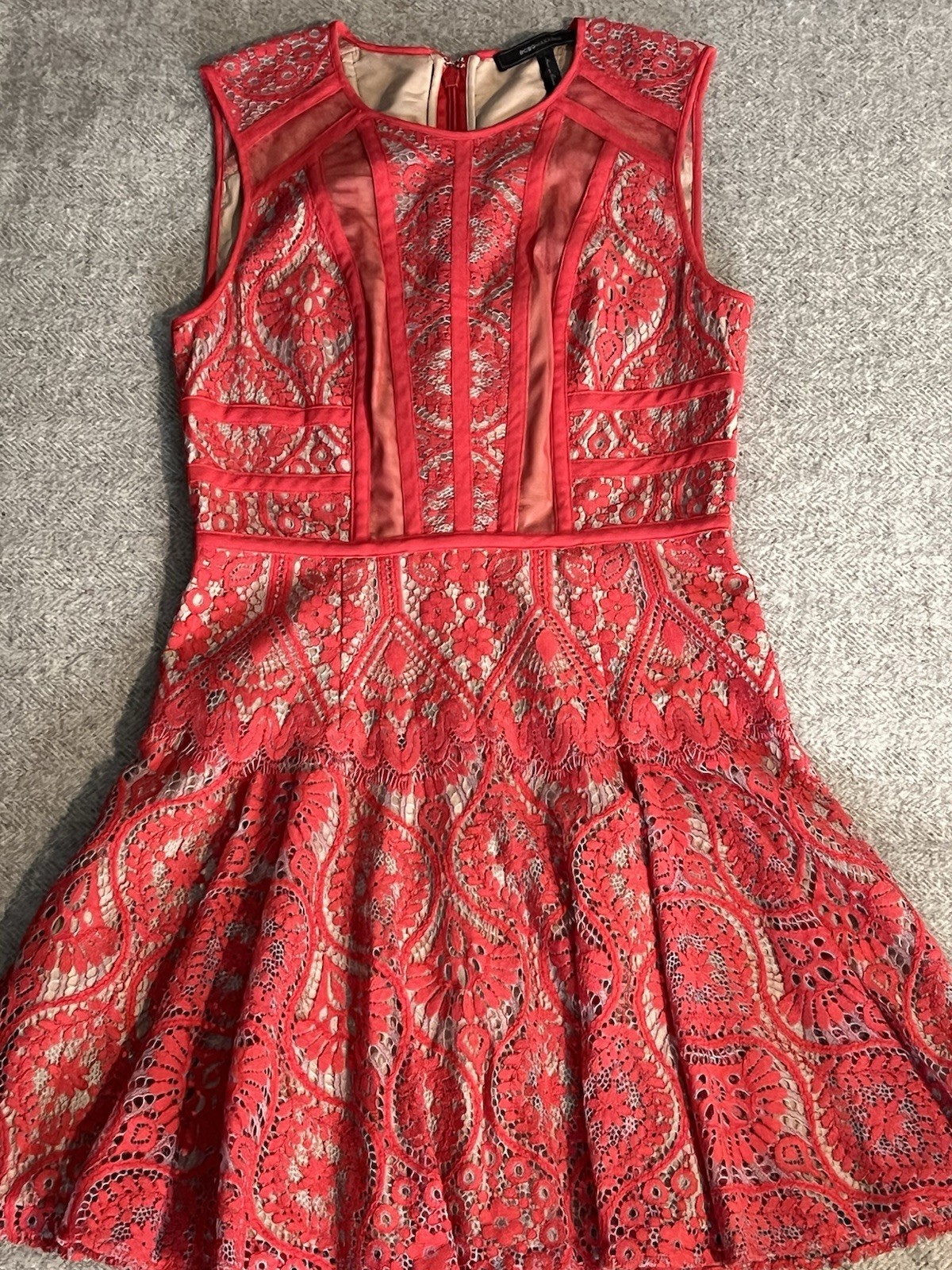BCBGMAXAZRIA Women’s COCKTAIL DRESS, Coral, Lace Overlay, Sz 4, NEW/No Tags