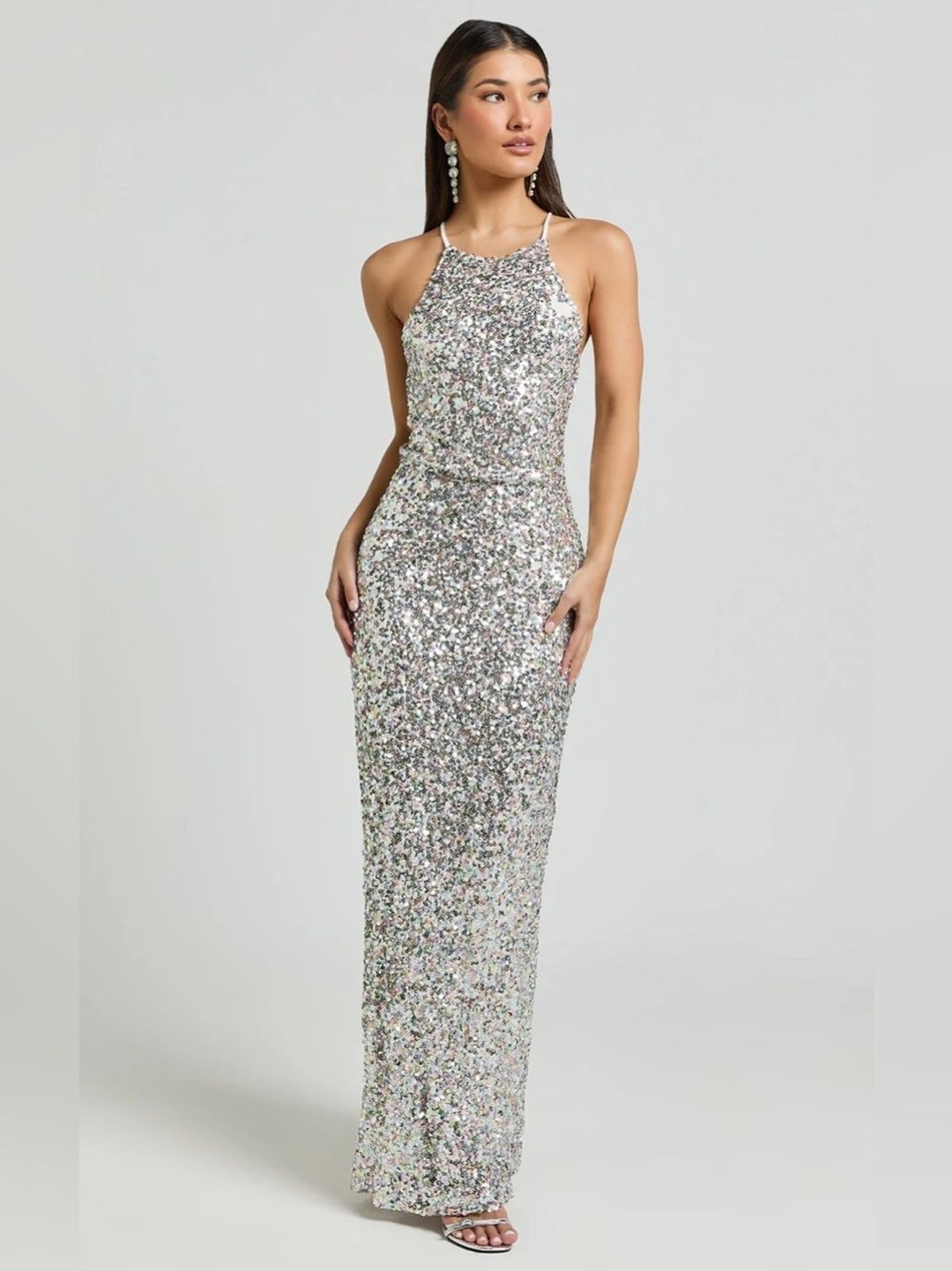 Showpo Halter Neck Cross Back Sequin Maxi Dress in Rainbow Silver