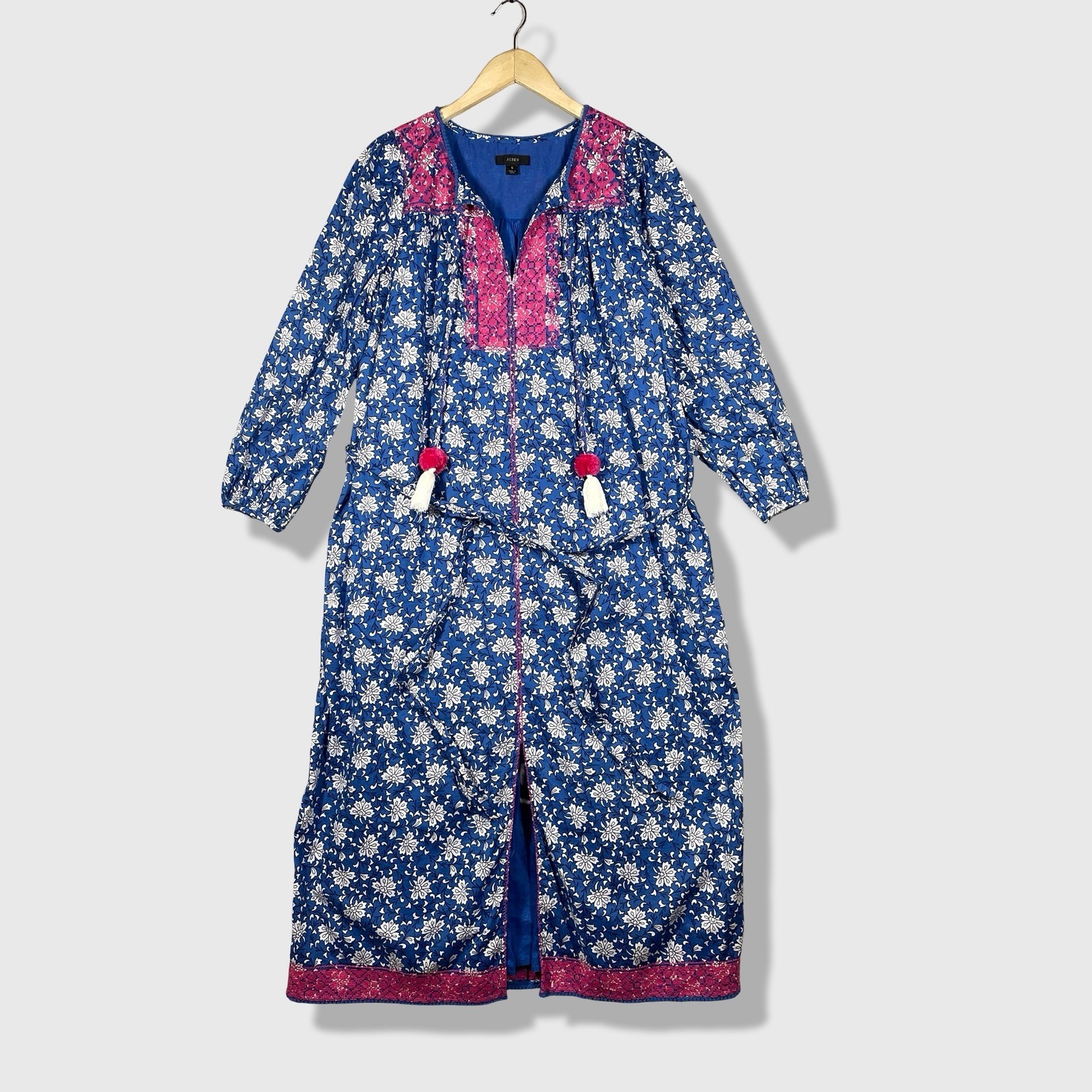 J.Crew Midi Dress Womens S Blue Floral Embroidered Boho Tassel Folk Artisan