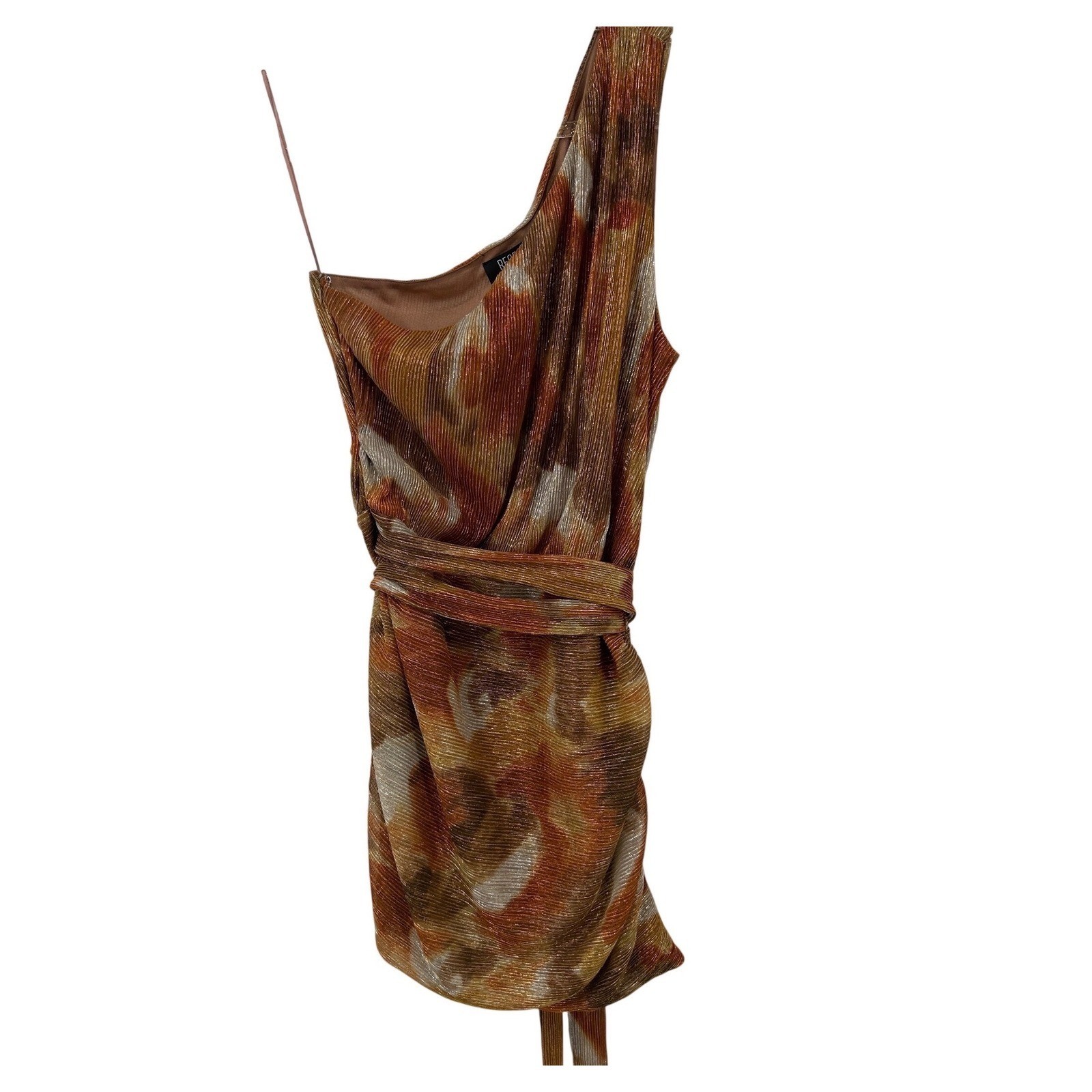 Reset by Jane Womens One Shoulder Metallic Plisse Mini Dress Copper Gold Large
