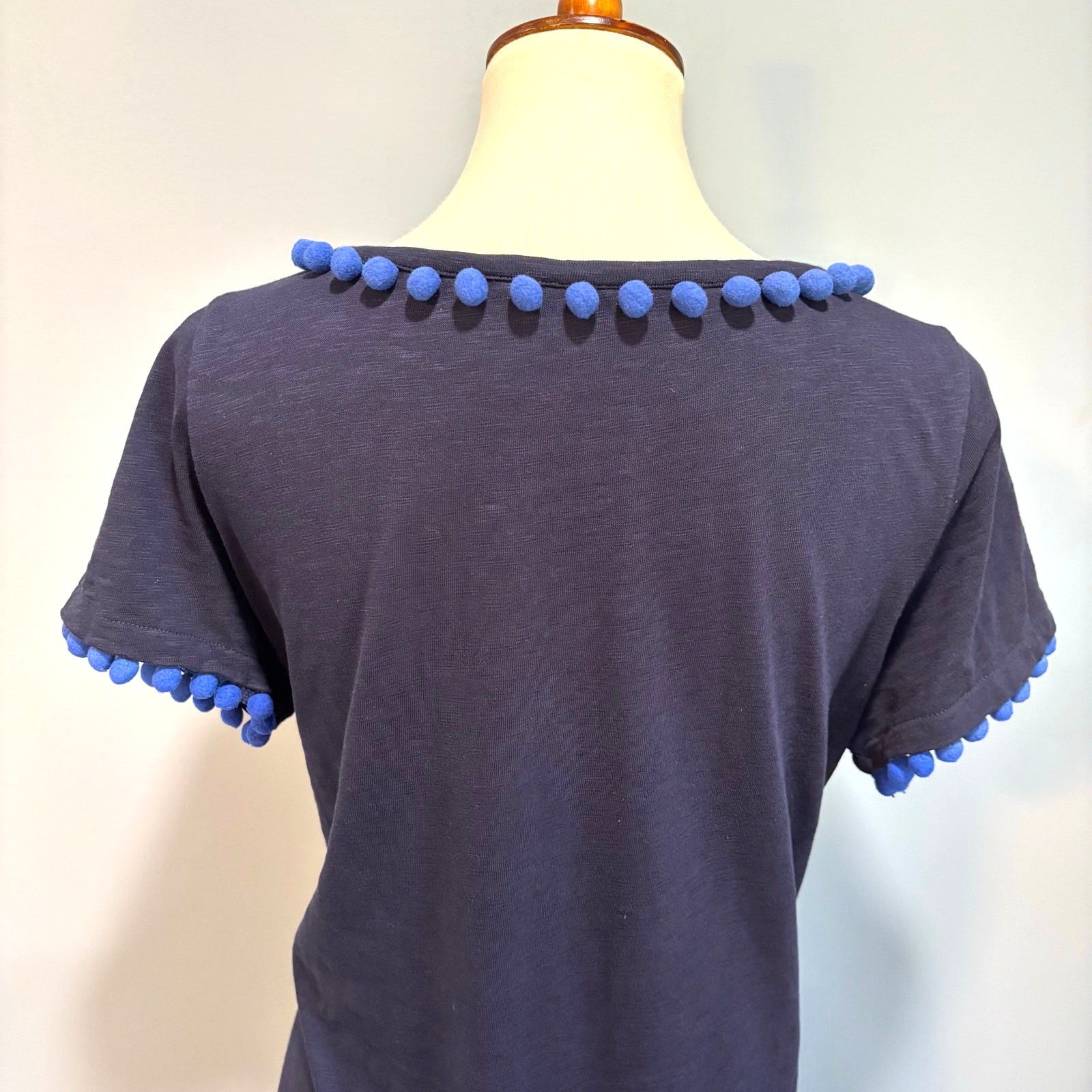 Boden Bridget Navy Pom Pom Slub Cotton Shift Dress Coastal Preppy Size 12