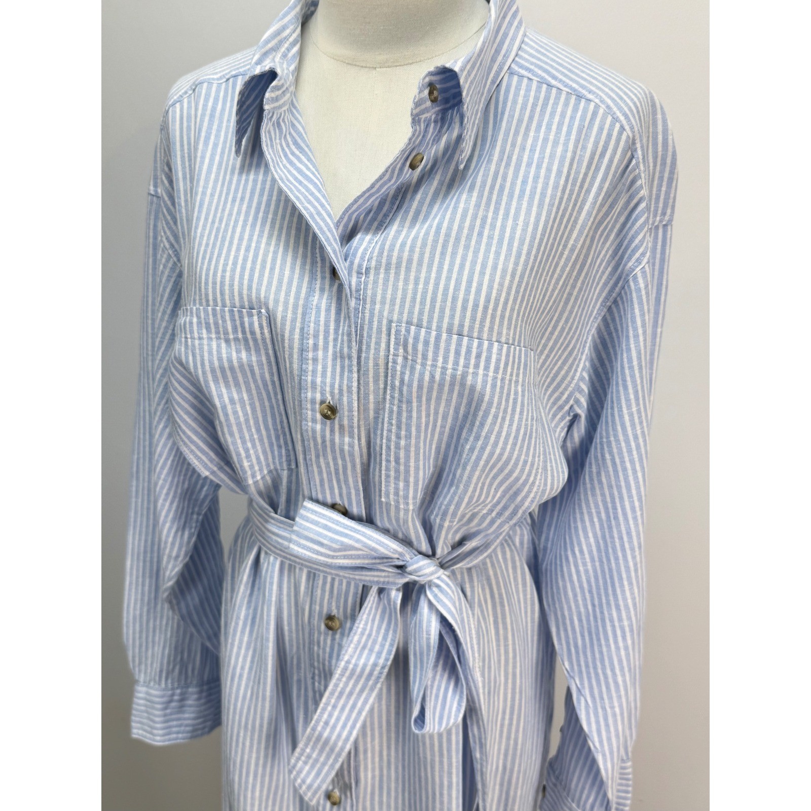 H&M Light Blue White Striped Button Down Midi Shirt Dress with Tie Waist Belt