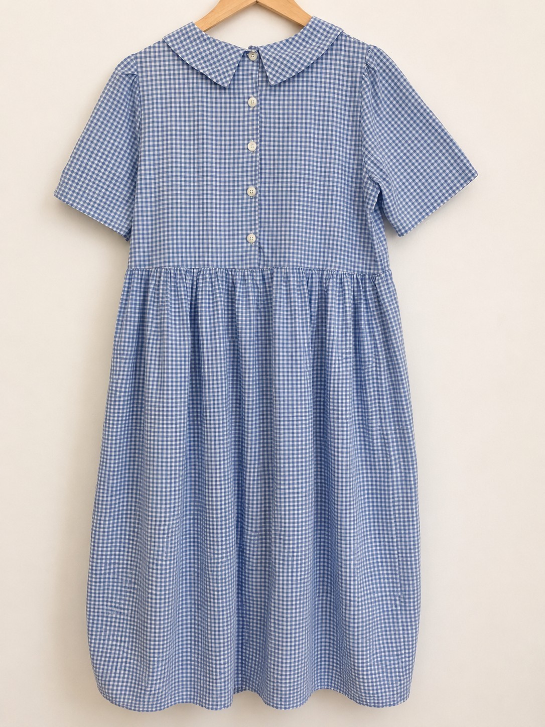 Olive Blue White Gingham Peter Pan Collar Smock Dress 100% Cotton Cottagecore