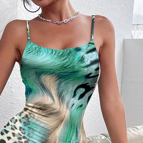 NEW Large. Sexy Intoxicating Abstract Leopard Aqua Green Camisole Midi Dress.