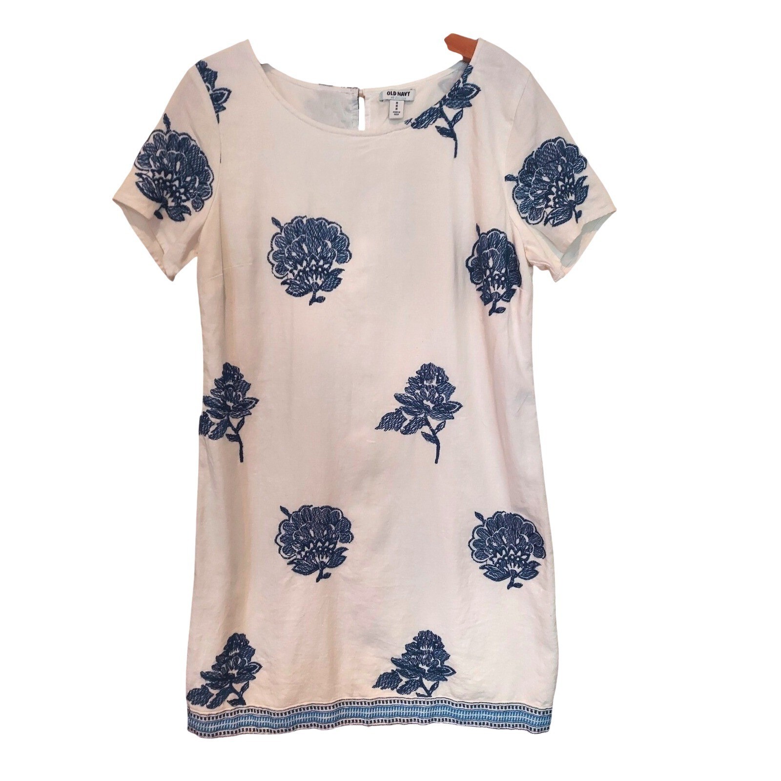 Old Navy Boho Womens White Blue Floral Embroidered Shift Dress Short Sleeve SM