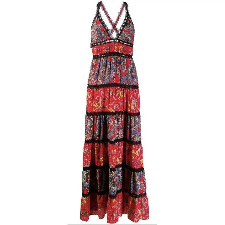 Alice +Olivia Red Paisley & Crochet Karolina Crest Tile Dress US 8 NWOT