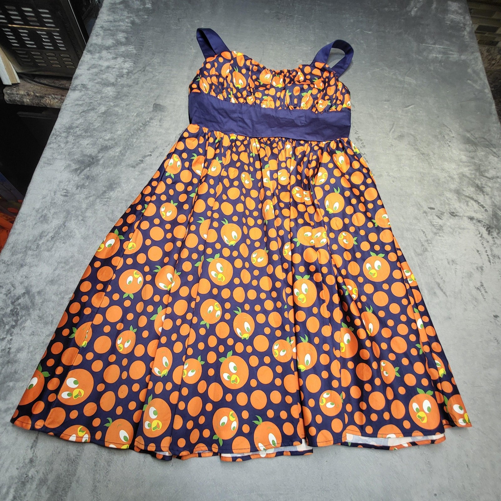 NWT Disney Parks Dress Womens L Blue Orange Bird Polka Dot Fit & Flare Sundress