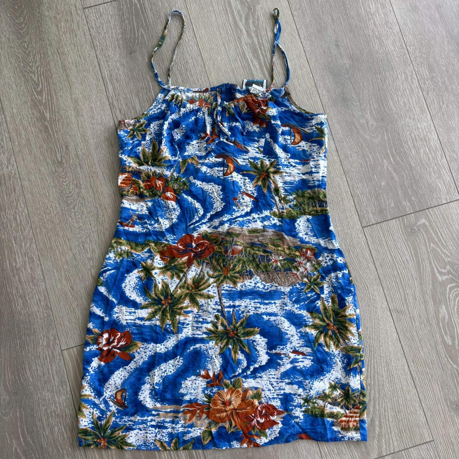 Aqua Blues Womens Blue Tropical Island Palm Trees Floral Hawaiian Dress Size L