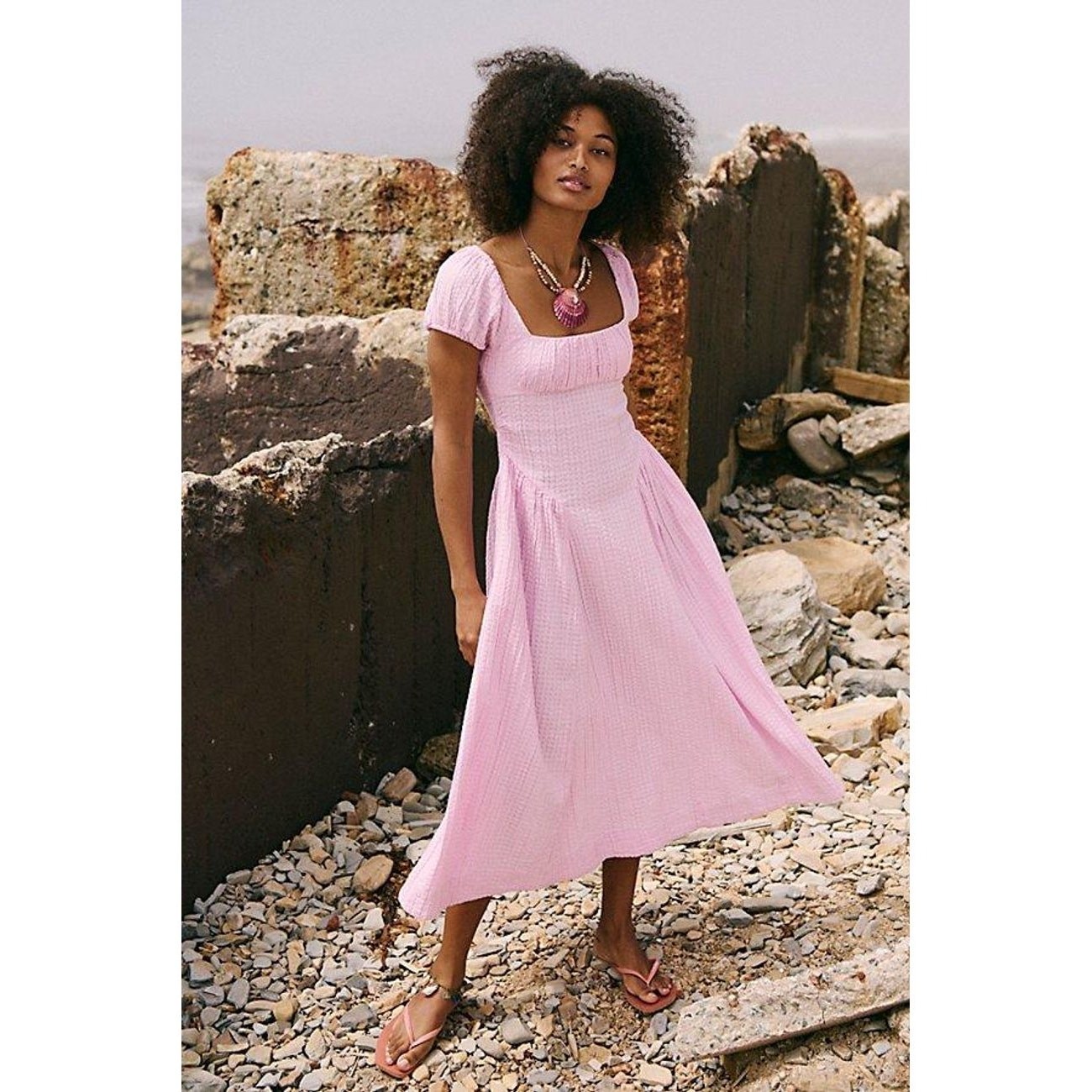 Free People Ciara Pucker Check Midi Dress Pink Basque Waist Size Small