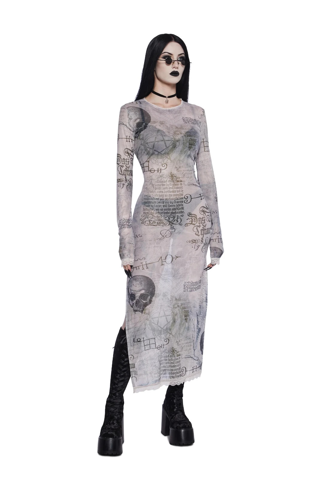 WIDOW Dolls Kill NWT Stretch Sheer Mesh Spell Skull Lace Trim Maxi Dress Size XS