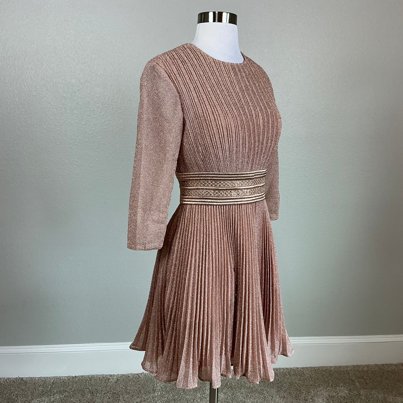 Mac Duggal 30749 Rose Gold Cocktail Dress Pleated Metallic Fit and Flare Size 6