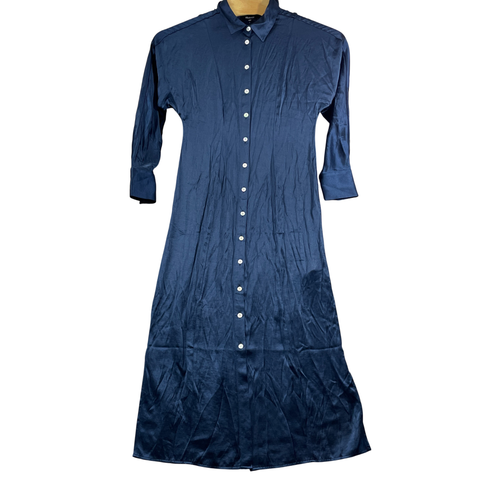 Madewell 10 Navy Long Derss Full Pearl Button Front Satin Polyester Blend