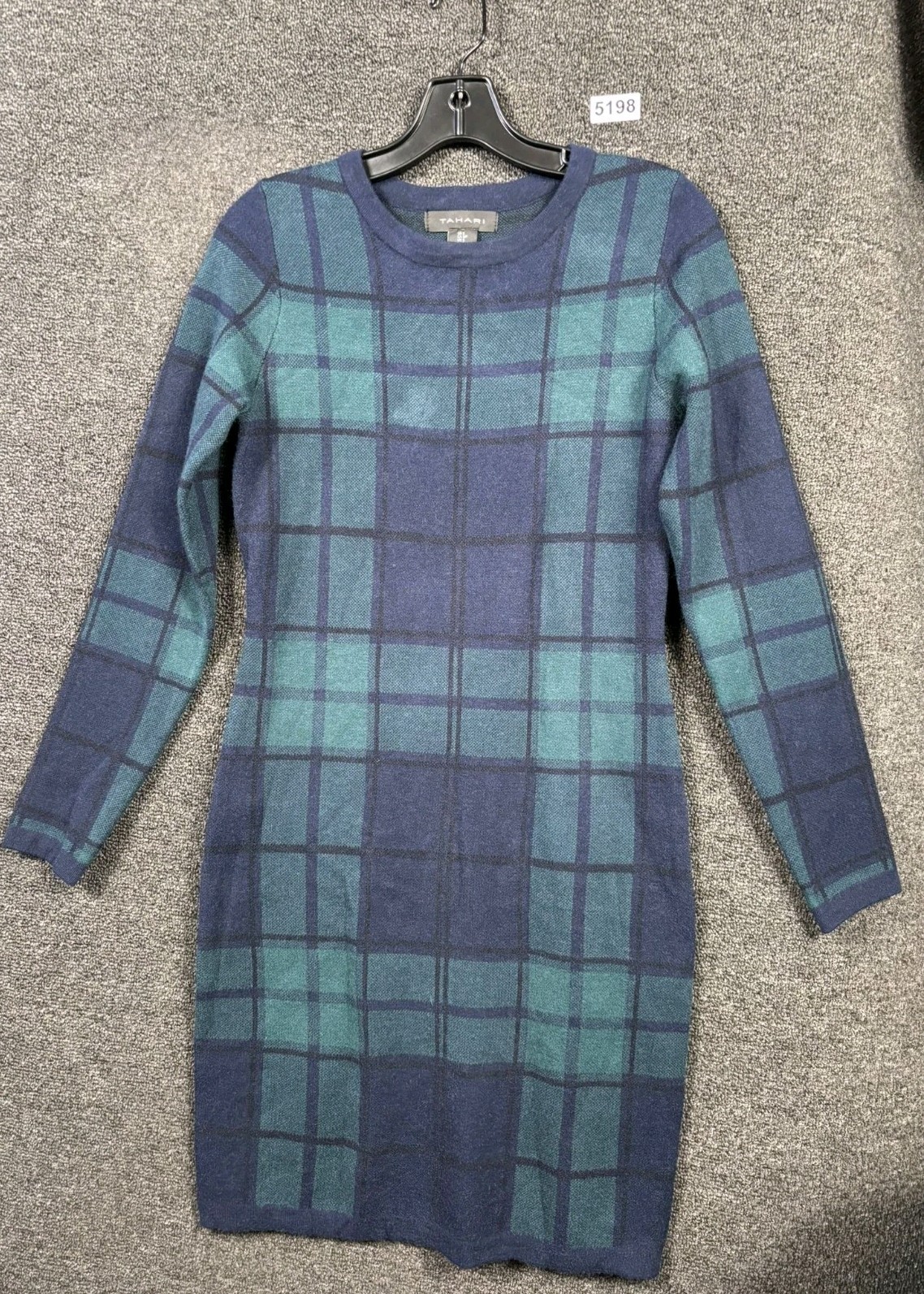 Tahari Knit Dress Womens Size S Blue Green Tartan Long Sleeve Academia Preppy