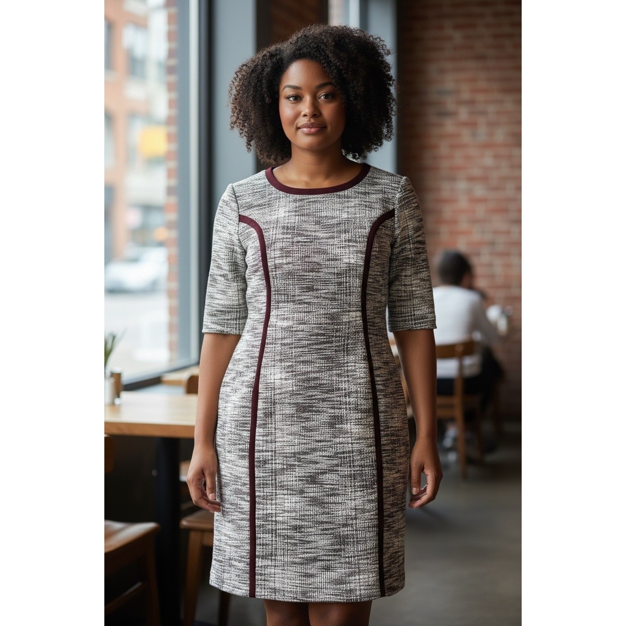 NWT Connected Apparel Women Sheath Dress Burgundy Trim Textured Knit Si10e