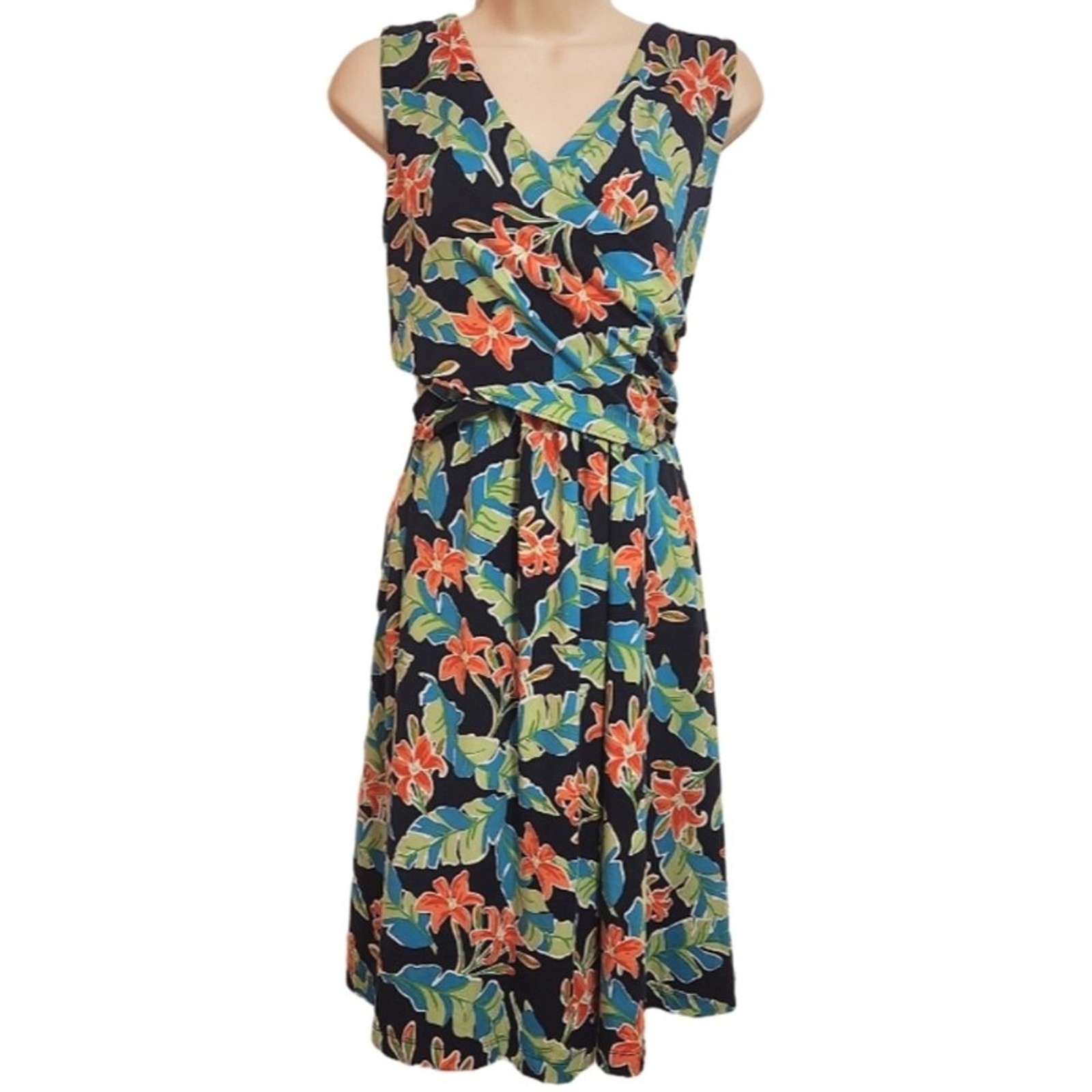 Land’s End Tropical Floral Front Wrap A-Line Stretch Dress Green/Black M 10/12