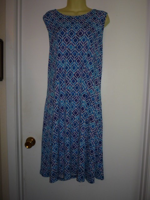 Susan Graver Garden Party Dress Sz XL Printed Liquid Knit A-Line- multi-blues