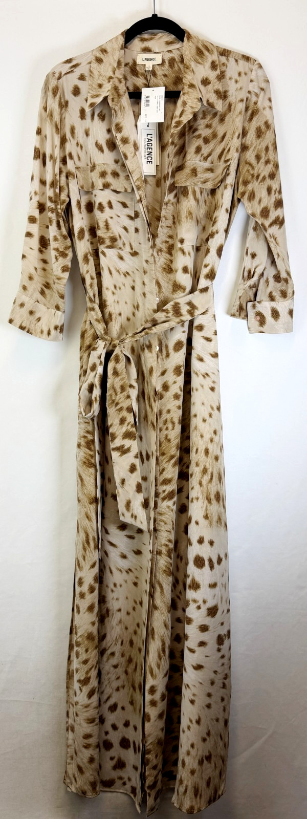 NWT L’AGENCE Cameron Silk Collar Dress Cacao Leopard Rope Belt Sleeves L Large