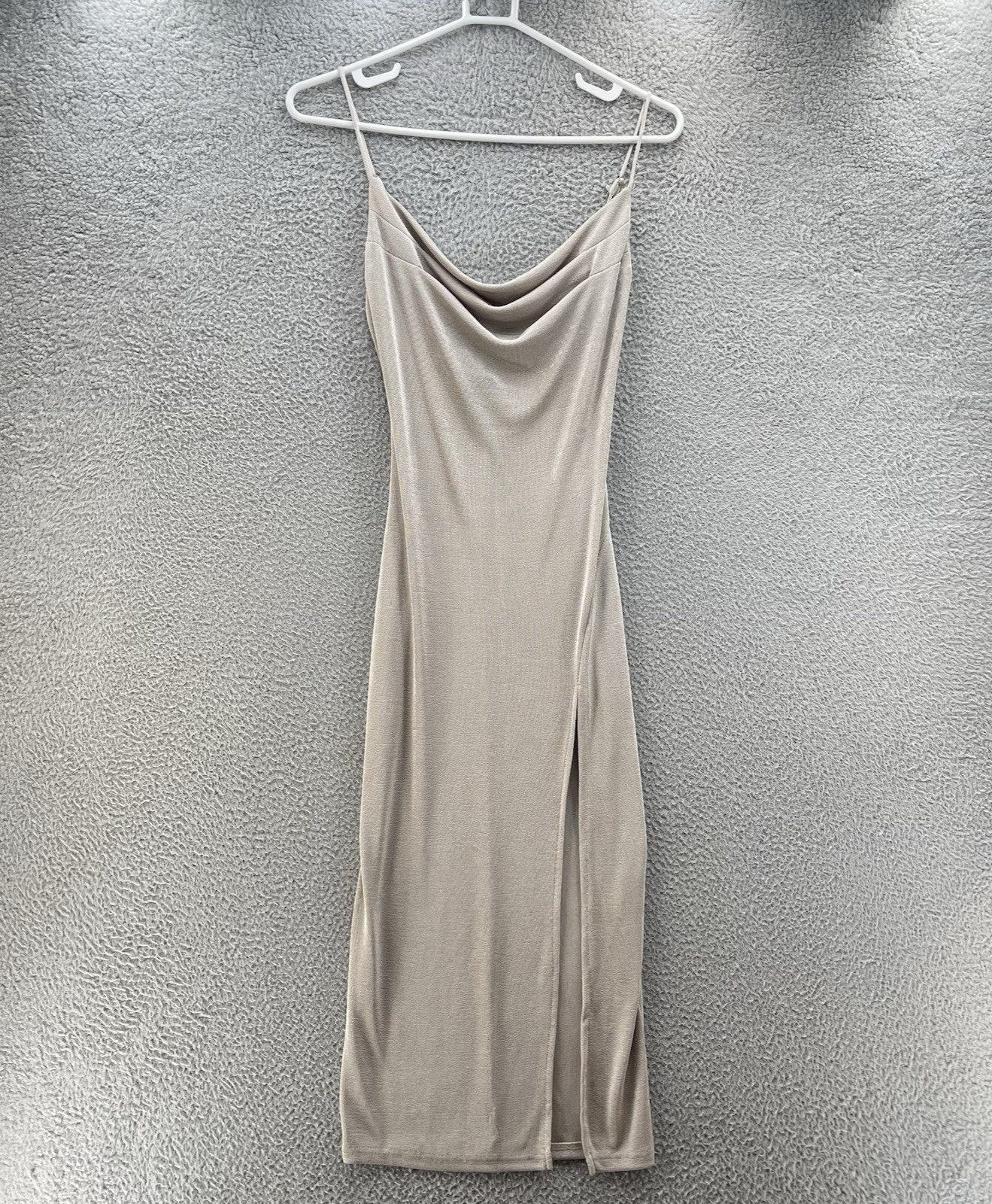She Is Us Dress Women Extra Large Beige Cowl Neck Midi Lightweight Slinky Slit