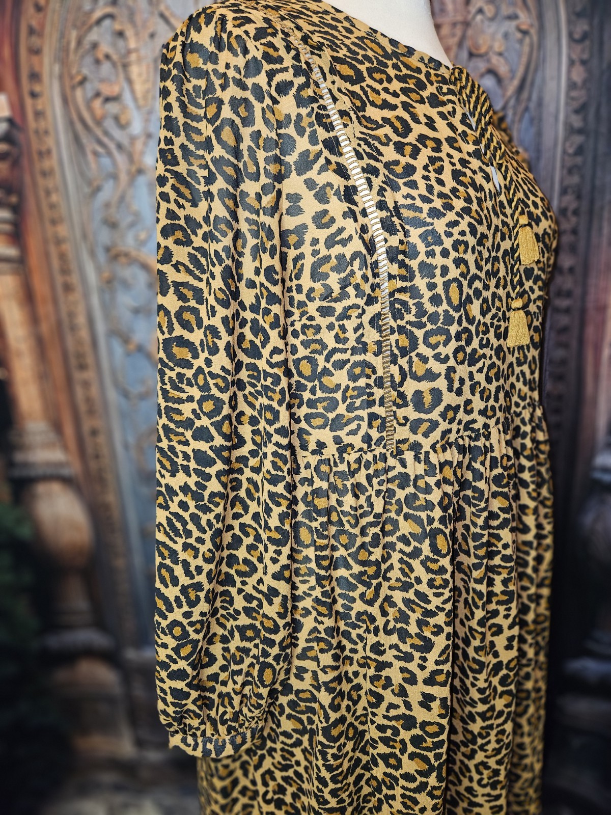 Time and Tru Dress L Silky Leopard Print Boho Hippie Peasant Babydoll Sundress