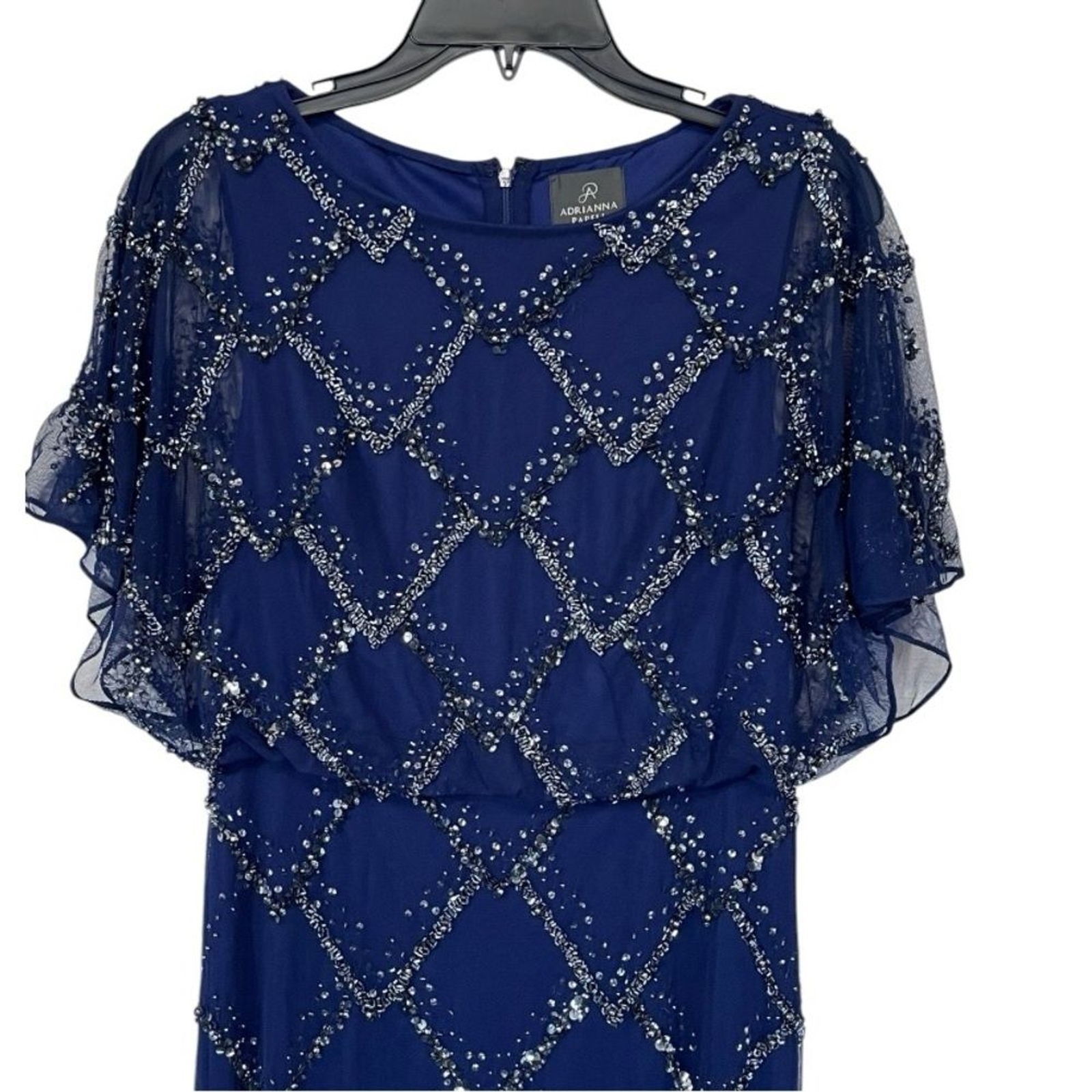 NWT Adrianna Papell | Hand Beaded Blouson Long Gown Flutter Sleeves Navy Blue 2