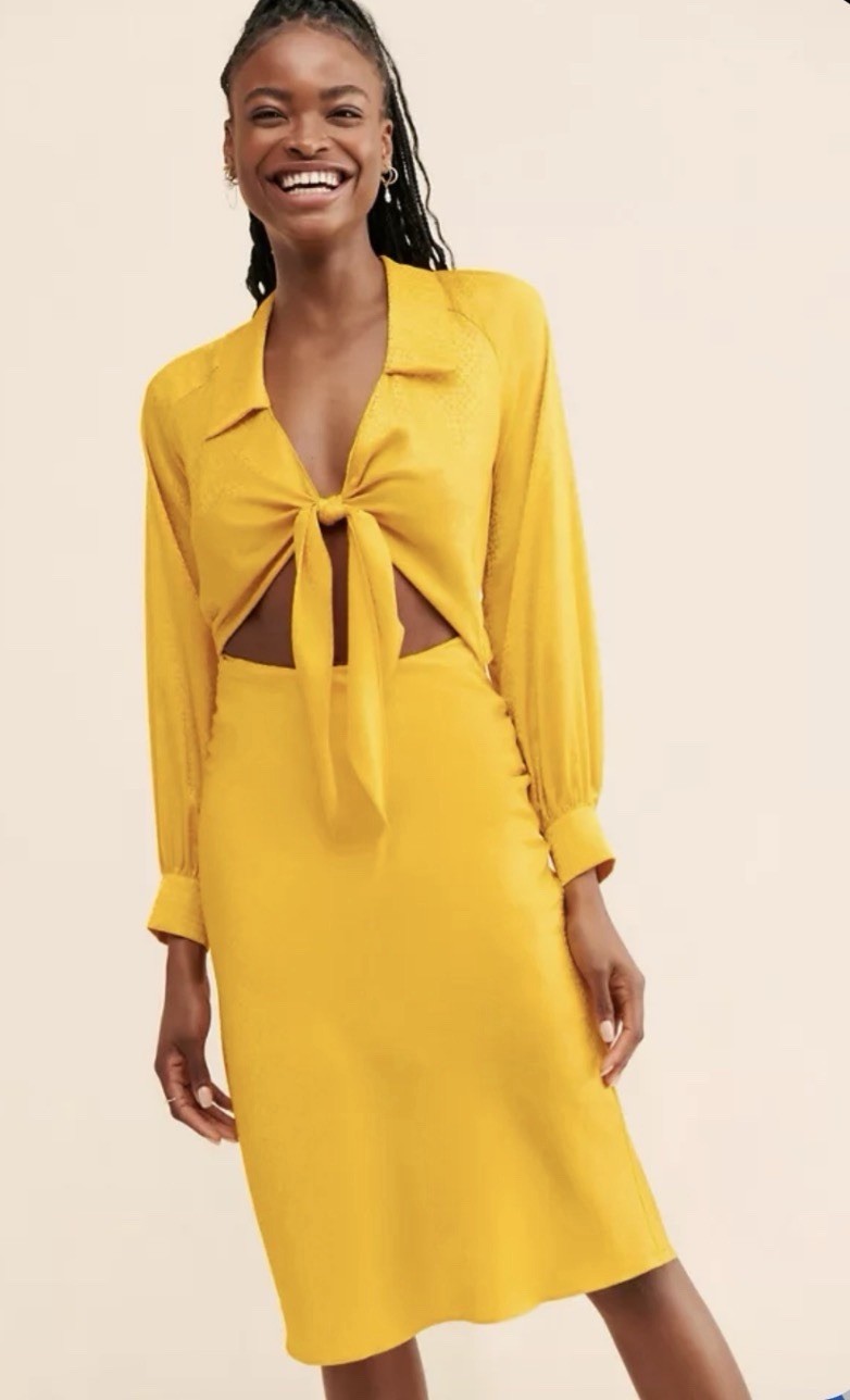 Women’s Free People Rare London Satin Tie-Front Dress in a mustard yellow Size 4
