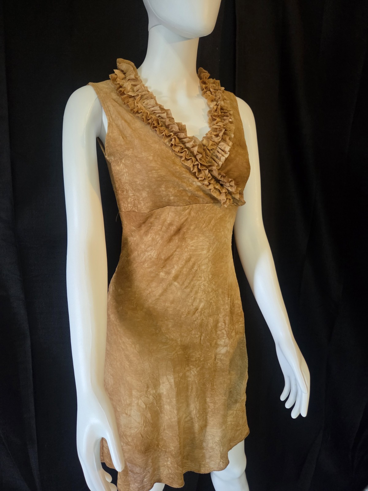 Vintage Y2K Rave Ruffle V-Neck Mini Dress S Tan Brown Textured Sleeveless USA