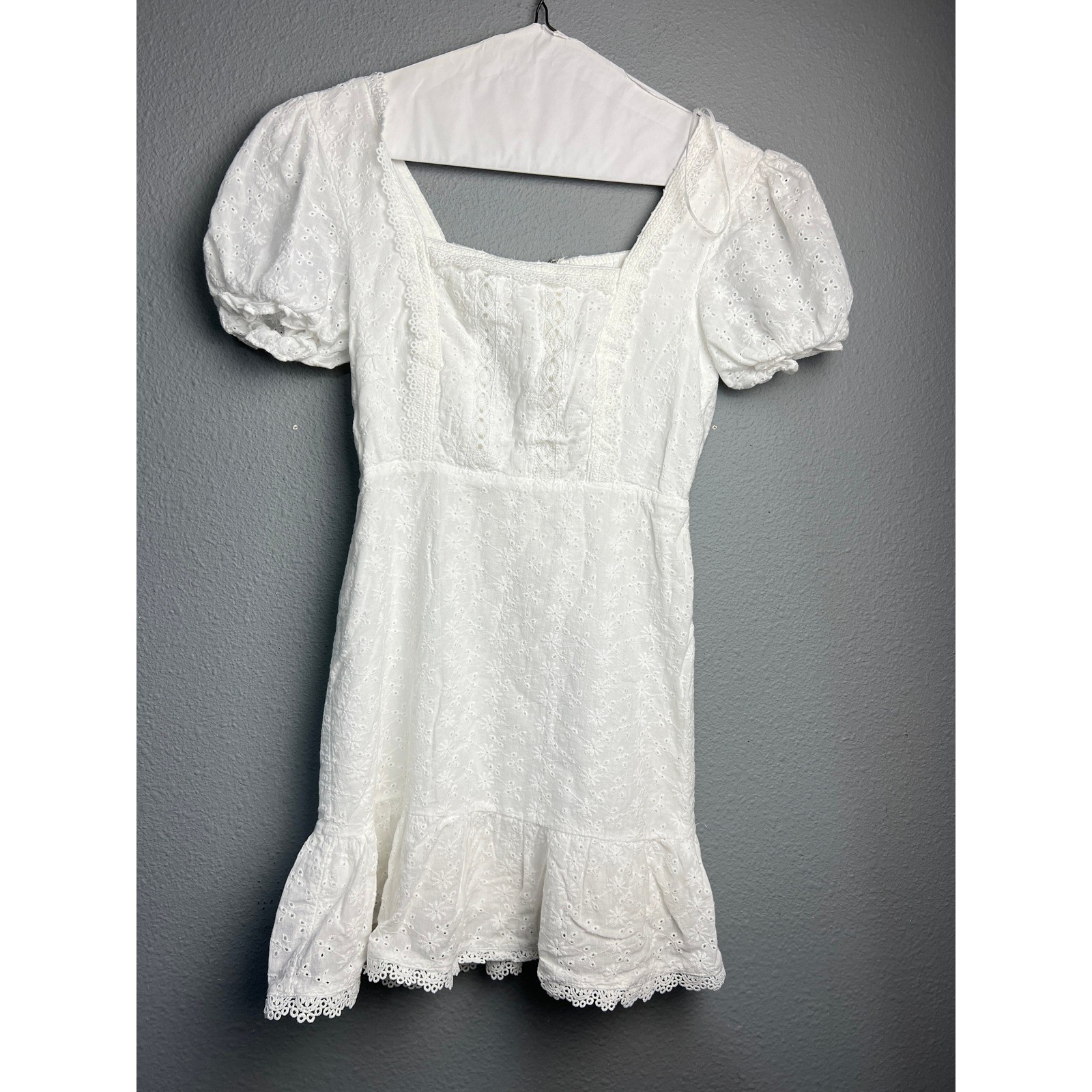Altard State White Fairycore Eyelet Mini Dress Puff Sleeve Square Neck Lace Sm