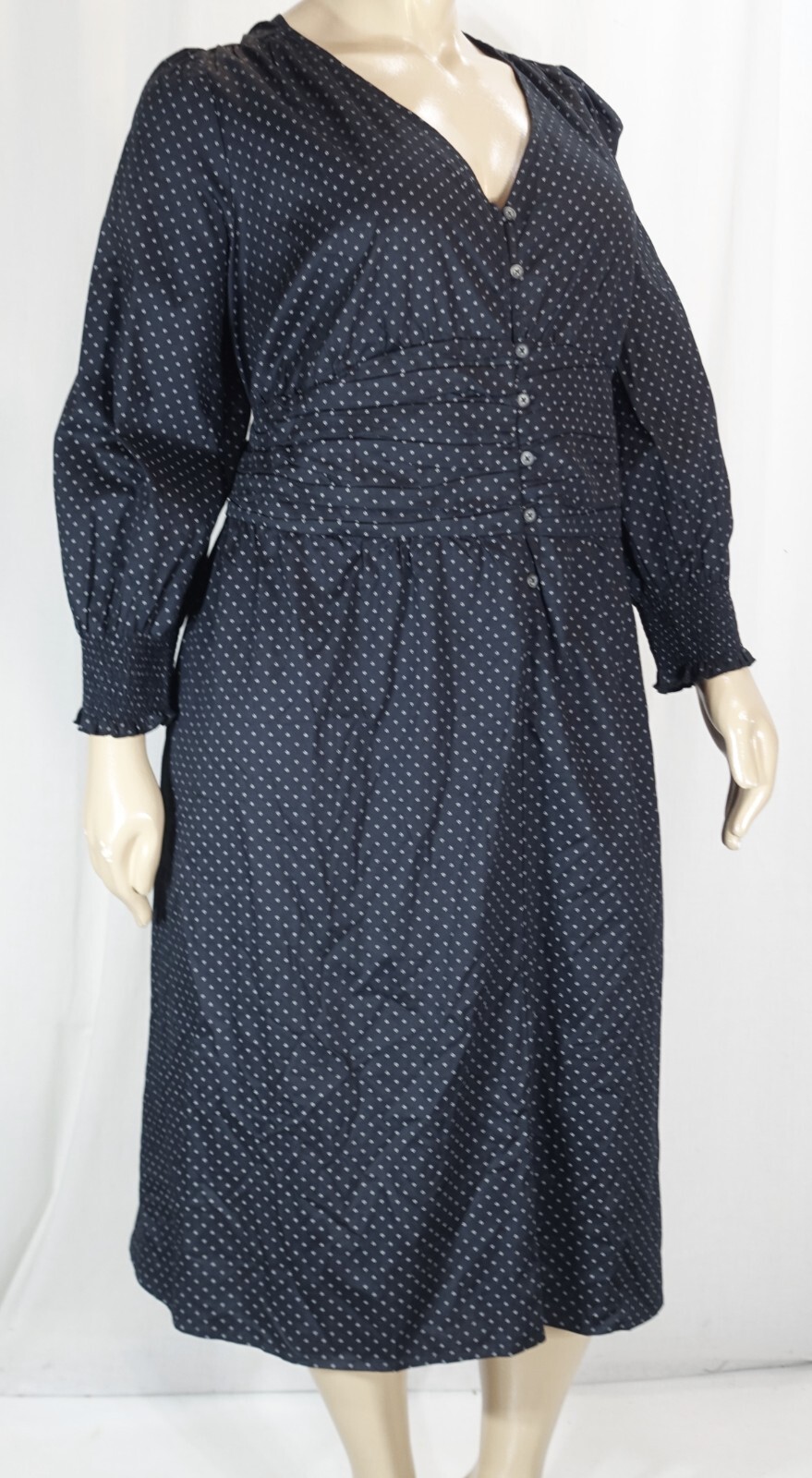 eShakti CUSTOM~MINT!!~BLACK W/WHITE PRINT COTTON RUCHED WAIST DRESS SZ:32W TALL