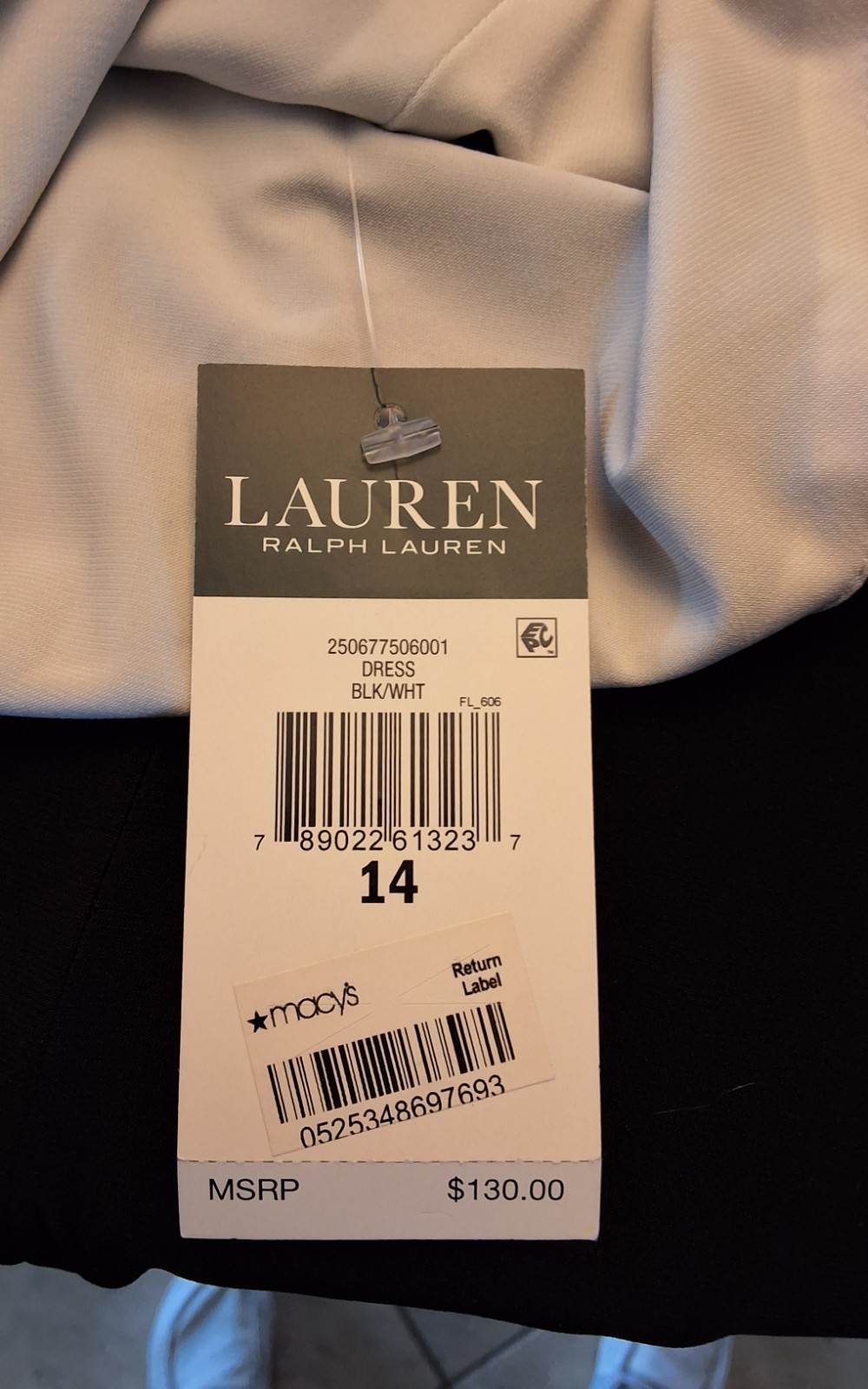 NWT* RALPH LAUREN, STRETCHY SIDE GATHERED BELL SLEEVES BLACK & WHITE DRESS 14