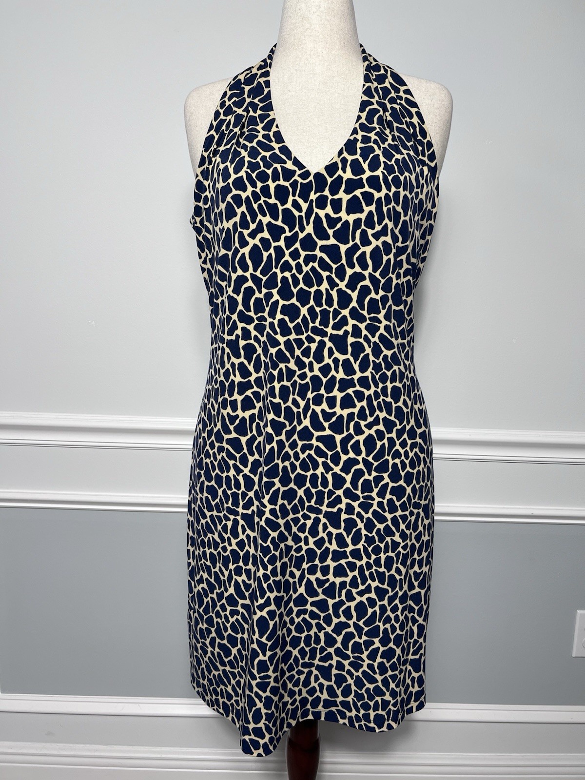 TOMMY BAHAMA (M) Halter Dress-Navy Cream-Giraffe Print-Vacation-Cruise-Resort-