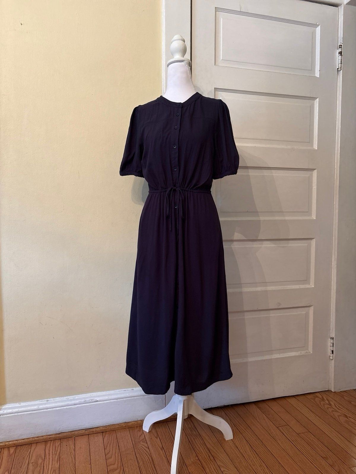 Dress half sleeve button down drawstring navy blue pockets trad wife cottage