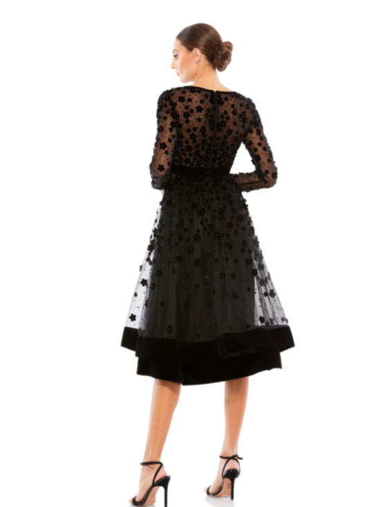 MAC DUGGAL 67007D Black Floral 3D Luxe Velvet Sheer Long Sleeve Tea Dress 10 US
