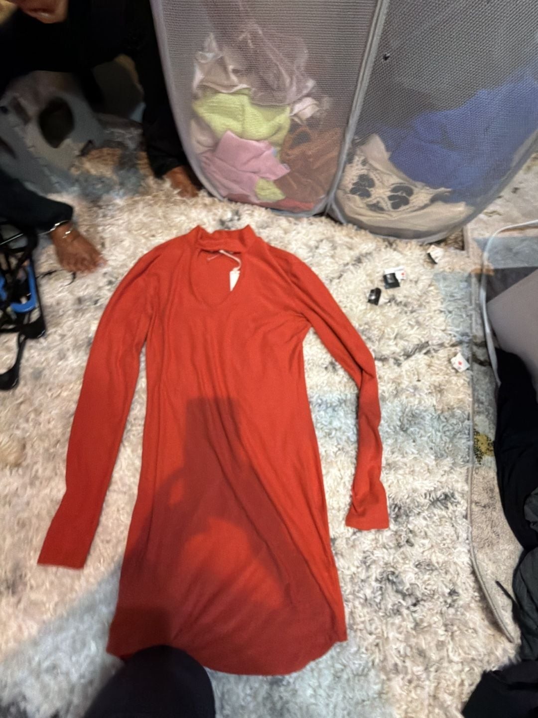 No Comment NYLA Burnt Orange Long Sleeve Keyhole Mock Neck Dress