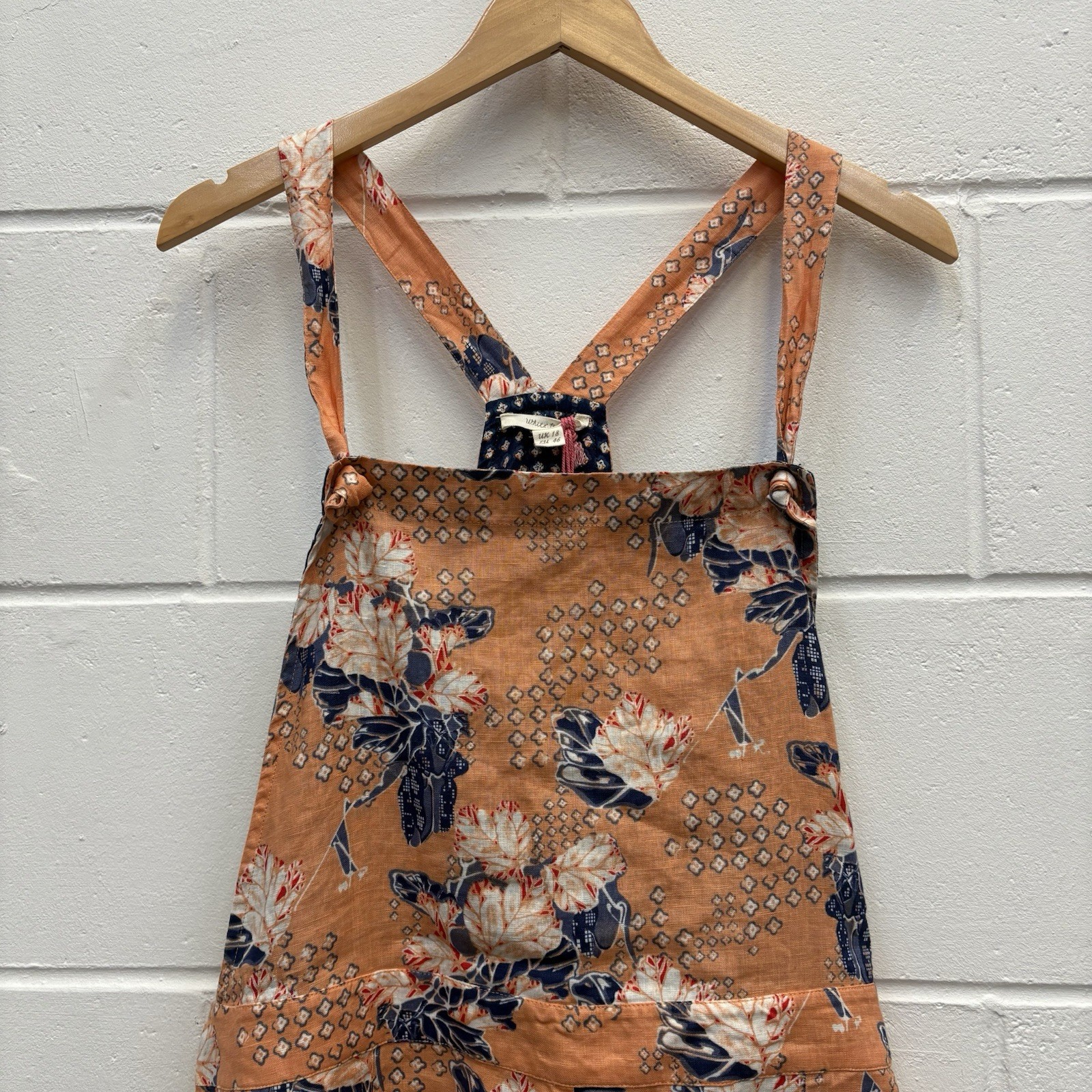 White Stuff Yuki Linen Pinafore Dress UK 18 Orange Floral Midi Dungaree Dress