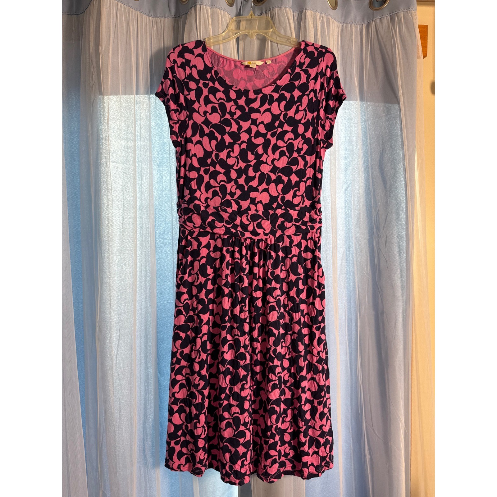 Boden Jersey Dress Womens 10R Pink Navy Blue Short Sleeve Pockets Floral
