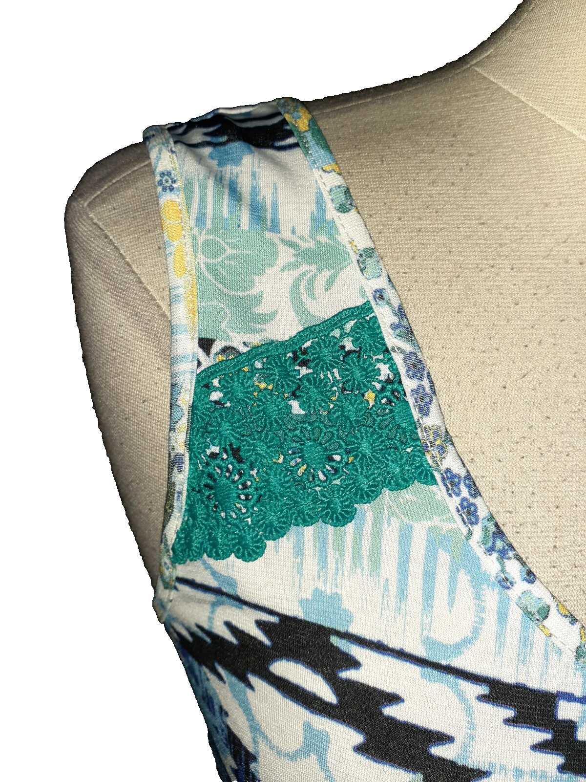 ONE WORLD Size L Maxi Dress Blue White Yellow Floral Sleeveless Stretch Knit