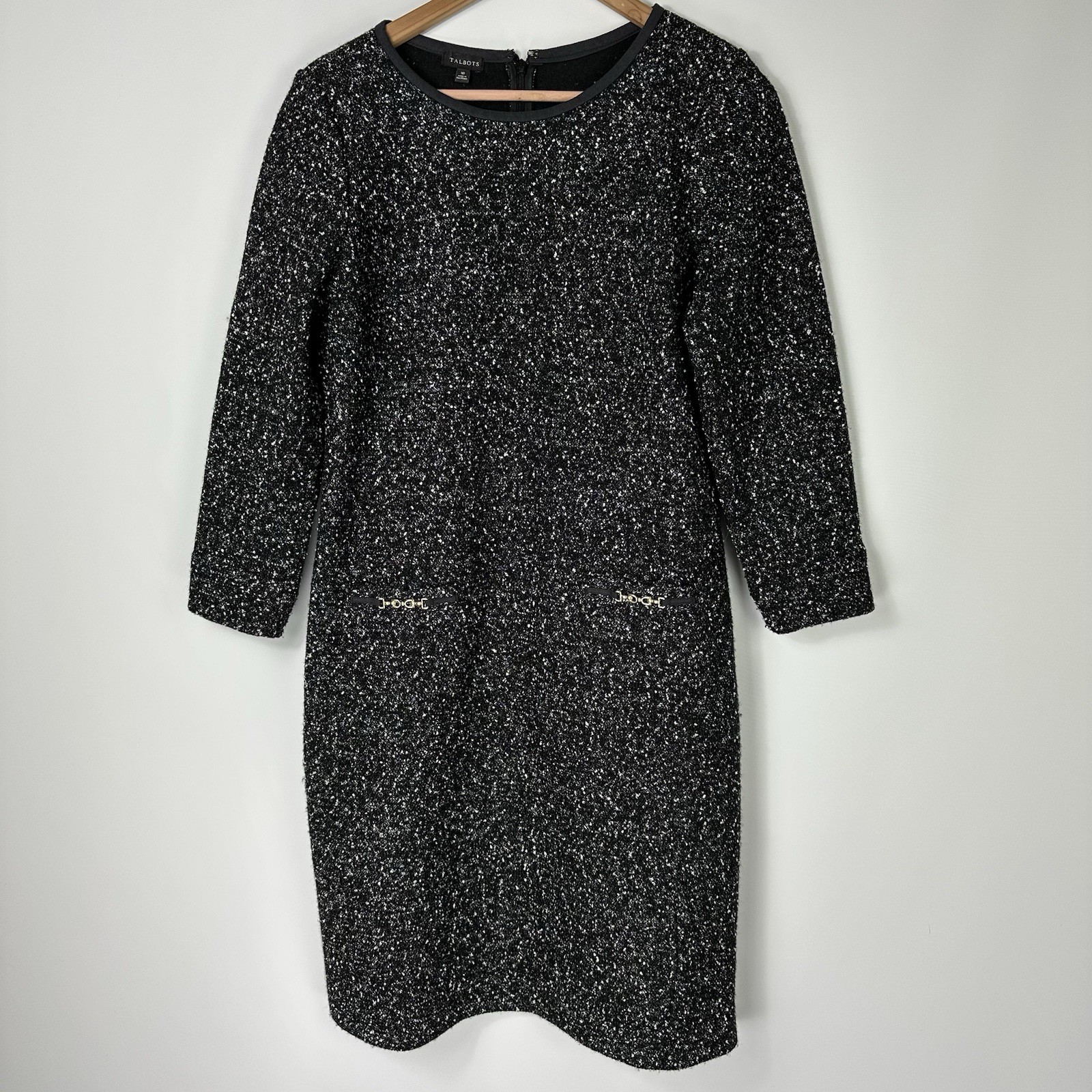 Talbots Shift Dress 10 Black Bouclé Knit Tweed 3/4 Sleeve Holiday Classic