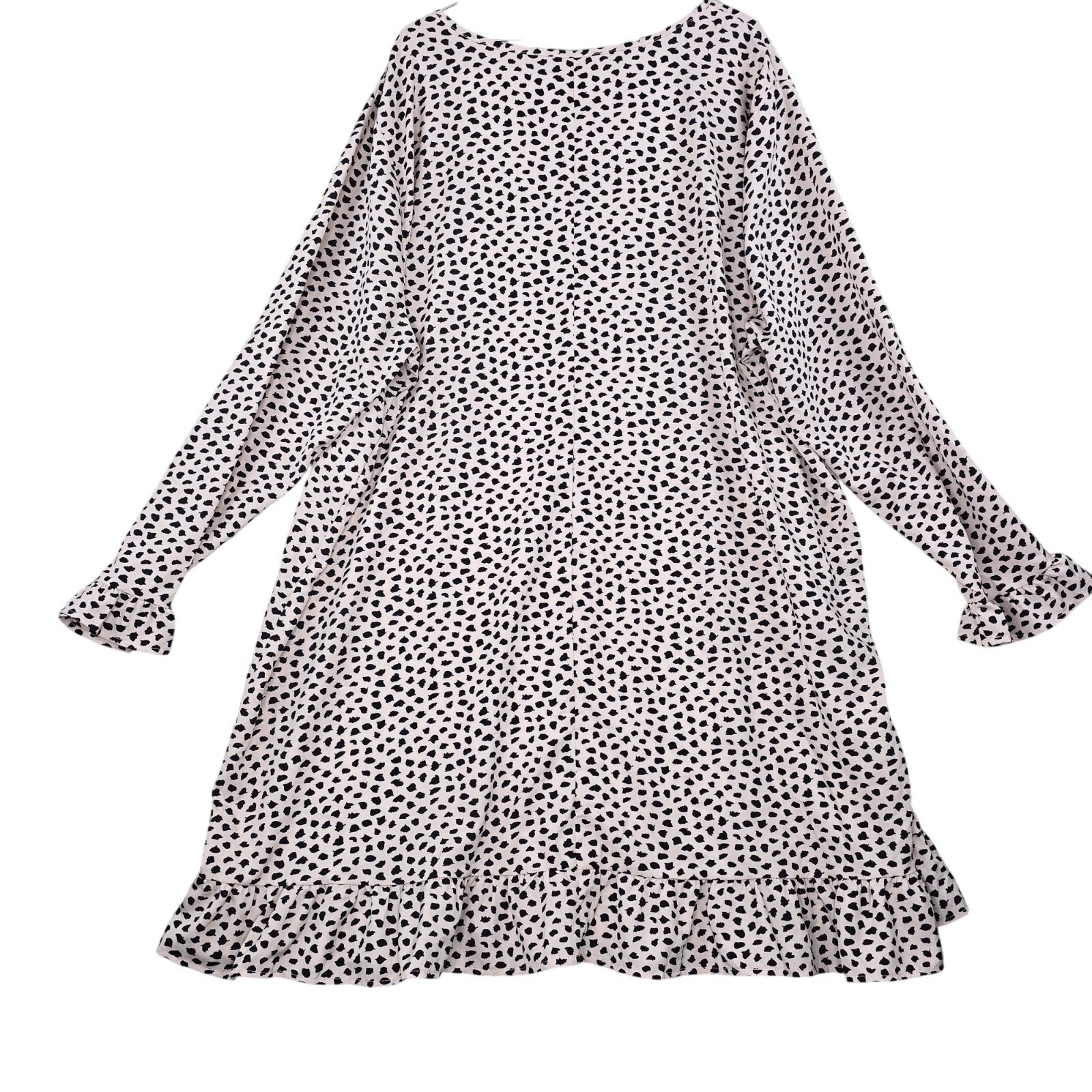 Long Sleeve Polka Dot Ruffle Hem Midi Dress 5XL Beige & Black 100% Polyester