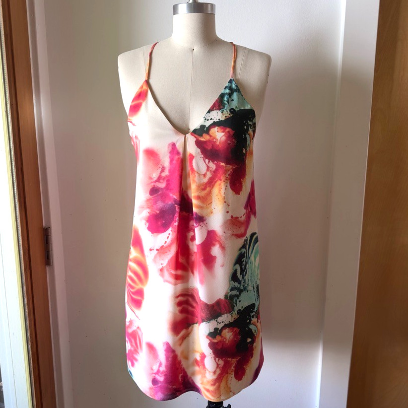Alice + Olivia Silk Racerback A-line Slip Mini Dress-Watercolor Floral-Size XS
